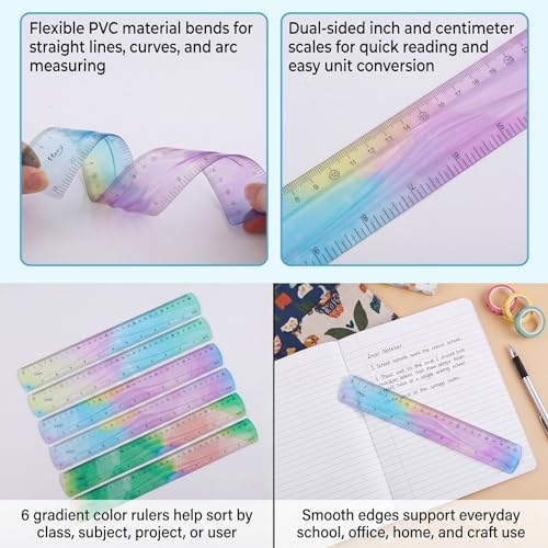 6 Pack Flexible Rulers 12 Inch/30 Cm, Soft PVC, Assorted Colors