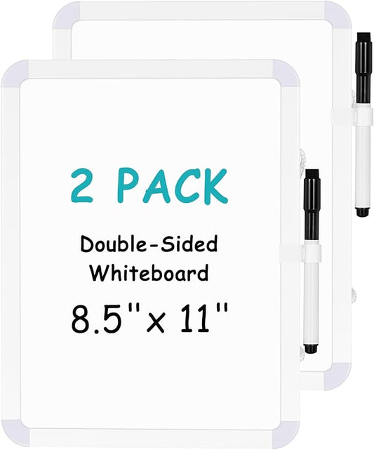 WALGLASS 2 Pack Small Dry Erase Whiteboard, 8.5 x 11 Inches Double-Sided White Board for Wall, Students, Fridge, Locker, Portable Mini White Board, Hang or Stick Whiteboard for Home, School, Office