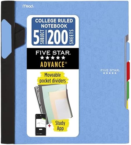 Five Star Advance Spiral Notebook + Study App, 5 Subject, College Ruled Paper, 8-1/2" x 11", 200 Sheets, Spiral Guard, Movable Tabbed Dividers, Pacific Blue (73150)