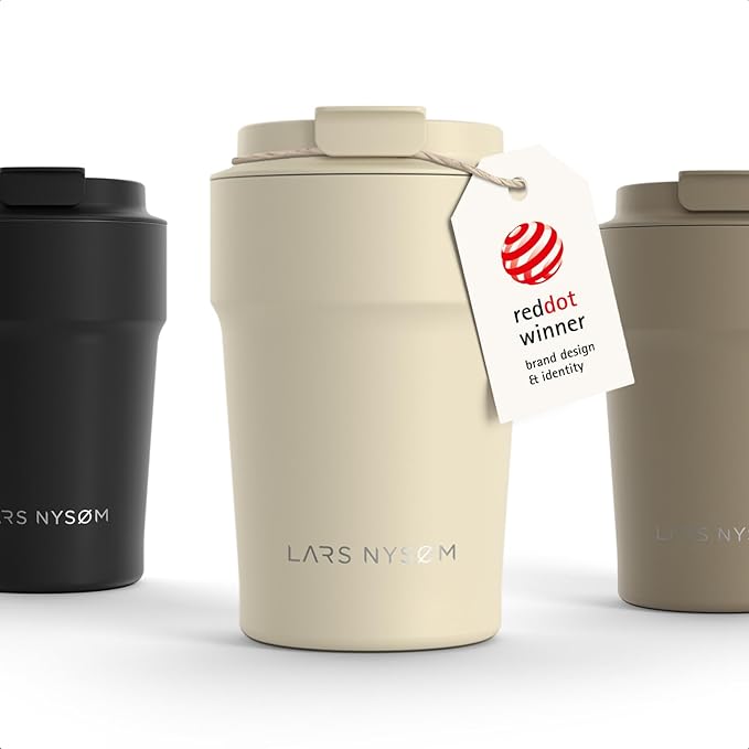 LARS NYSØM Thermo Coffee Mug to go 13oz | Travel Mug 0.38 Liter with Insulation | Silicone grip base | Leak Proof Stainless Steel Tumbler for Coffee and Tea on the Go (Powder Beige, 13oz)