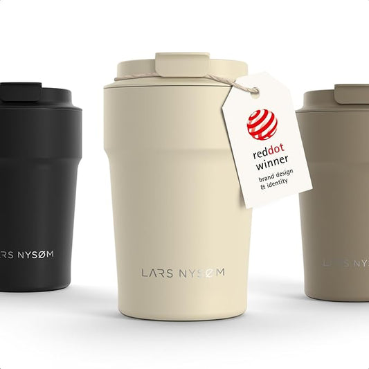 LARS NYSØM Thermo Coffee Mug to go 13oz | Travel Mug 0.38 Liter with Insulation | Silicone grip base | Leak Proof Stainless Steel Tumbler for Coffee and Tea on the Go (Powder Beige, 13oz)