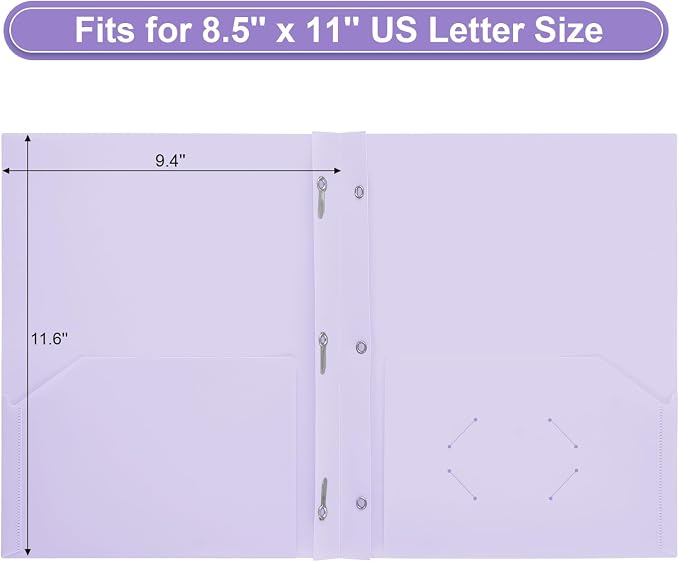 SUIN Plastic Project-Folder with 2 Pockets and 3-Prong Fasteners, for US Letter Size, Bulk Pack Color File-Folder for US Letter Size Papers, Ideal for School & Office, (Pastel Purple)