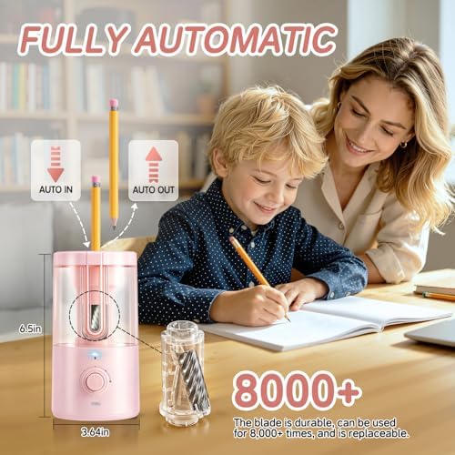 Deli Electric Pencil Sharpener, Fully Automatic Pencil Sharpener for 6.9-8mm No.2 & Colored Pencils, Auto in & Out, Rechargeable Hands-Free Sharpener for Classroom, Home, Office, Pink