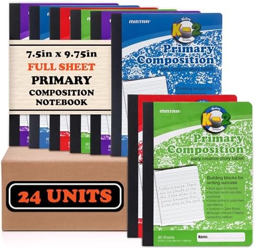 Mintra Primary Composition Notebook, 24 units 6-4 Pack, Assorted Colors, 80 Sheets, 7.5in x 9.75in, Full Sheet, Ruled with Drawing Area, Flexible Hardcover Journal, Grades K-2, School & Home Use