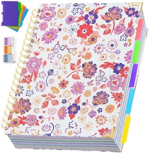 Hardcover Spiral Notebook 8.5" x 11" with Removable Dividers, 300 Pages 5 Subject College Ruled Notebook for Work with Tabs, A4 Spiral Journal for Women Men, School Students Note Taking, Purple Floral