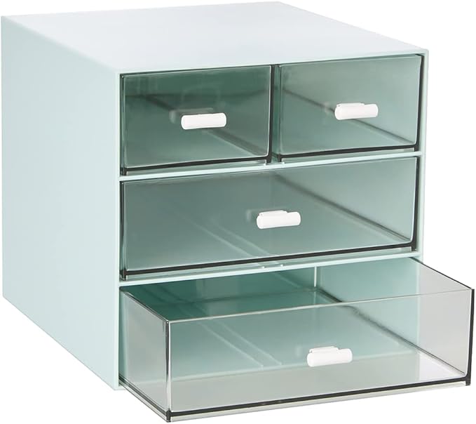 Desk Organizer with 4 Drawers, Clear Plastic Desk Storage Box, Desktop Organization for Office Supplies, Gel Pens, Pencils, Markers, Tape, Erasers, Paperclips, Chargers (Blue)
