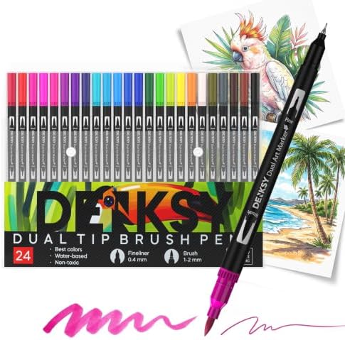 24 Watercolor Markers Set | Water Color Pens with Brush & Fineliner, Water-Based Art Markers | Dual Tip Markers for Adult Coloring, Lettering, Calligraphy, Sketching, Journaling & Illustration