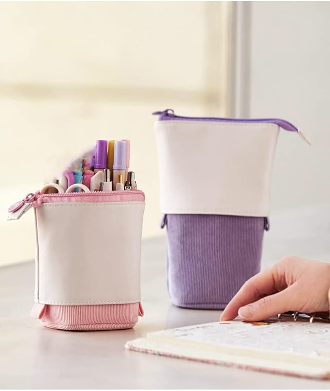 Telescopic Pencil Bag Pen Holder Stationery Case, PU Corduroy Stand-up Retractable Transformer Bag Colorful Organizer, Great for Christmas Holiday