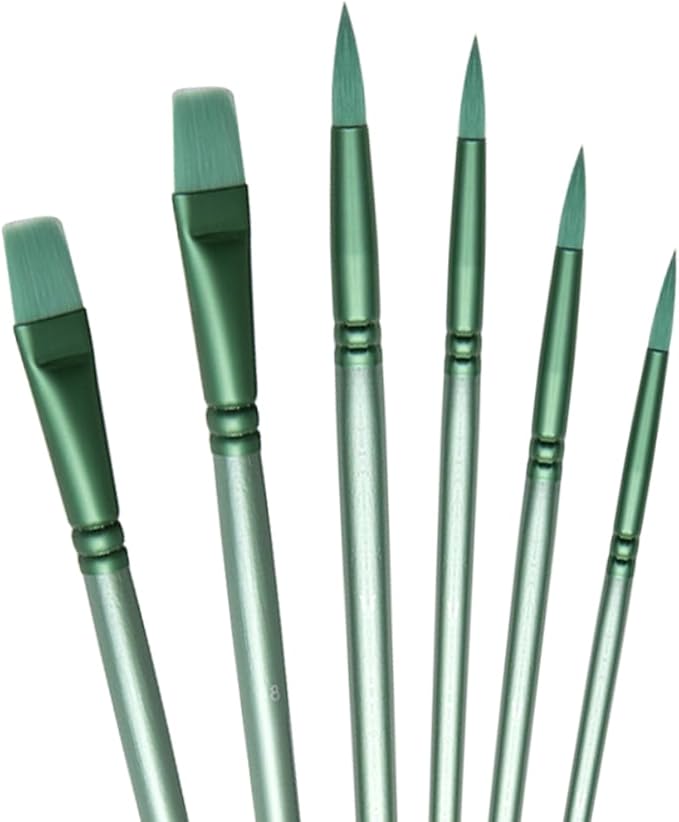 Acrylic Paint Brush Set, 6 pcs Watercolor Brushes, Painting Brush Nylon Hair Brushes for All Purpose Oil Watercolor Painting Beginner Kits (6, Green)
