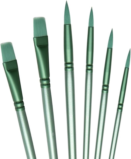 Acrylic Paint Brush Set, 6 pcs Watercolor Brushes, Painting Brush Nylon Hair Brushes for All Purpose Oil Watercolor Painting Beginner Kits (6, Green)