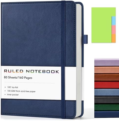 Lined Journal Notebook, A5 Hardcover Leather Journals for Writing, 160 Numbered Pages, 5.7'' x 8.3'' Journaling Notebooks for Men Women, Thick Paper College Ruled Journal for Work Office School, Navy