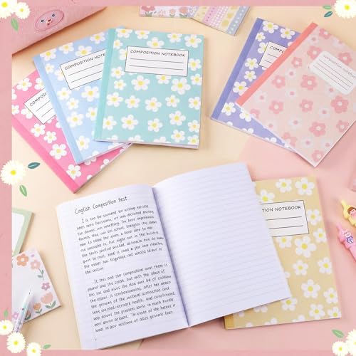 Harloon 6 Pack Composition Notebooks Wide Ruled Bulk Cute Pink Composition Notebook 110 Page 7-1/2" x 9-3/4" Colorful Flower Journal Back to School Gift for Teacher Student Office First Day of School