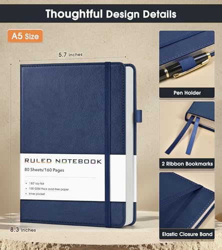 Lined Journal Notebook, A5 Hardcover Leather Journals for Writing, 160 Numbered Pages, 5.7'' x 8.3'' Journaling Notebooks for Men Women, Thick Paper College Ruled Journal for Work Office School, Navy