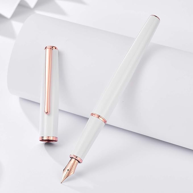HongDian 920 White Metal Fountain Pen, Gold Plated Fine Point and Trim Classic Pen with Ink Converter, Smooth Writing Pen