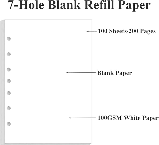 A5 Blank Refill Paper - 100 Sheets/200 Pages Loose Leaf Paper for Filofax Planner, Organizer, Binders, 7-Hole Punched, 100gsm Blank Paper, 5.8" x 8.3 "