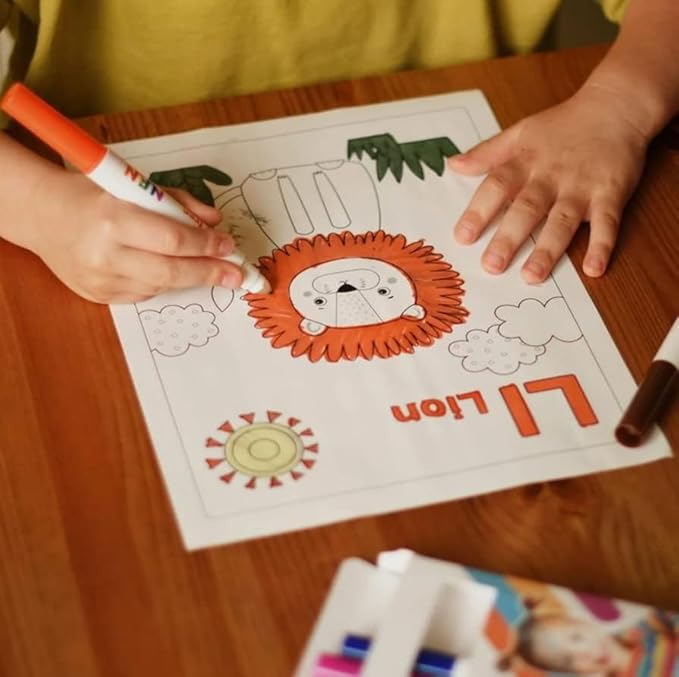 NuFun Activities Mess Free Coloring Set - Animals of The Alphabet, Kids Create No Mess Wonders with Special Coloring Paper, Gift for Toddlers and Kids, 26 Preprinted Pages and 8 Markers