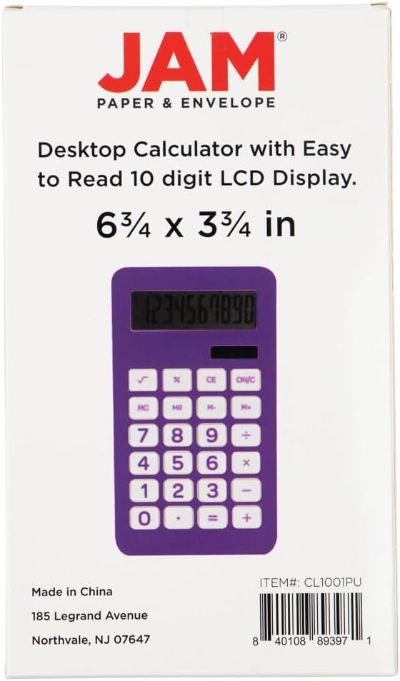 JAM PAPER Desktop Calculator - 10 Digit LCD Display - 3 3/4 x 6 3/4 Inches - Purple - Sold Individually