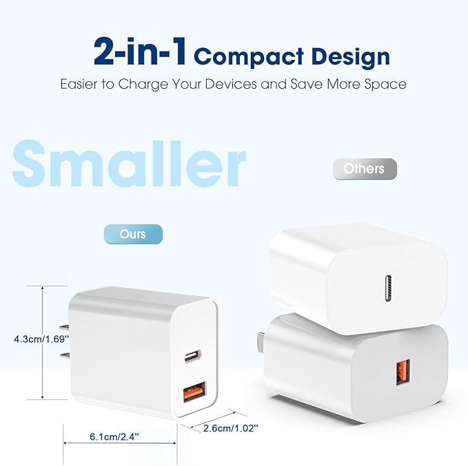 USB C Charger Block for iPhone,20W Dual Port Fast Wall Charger,USB C & USB A Power Adapter Type C Charging Brick Plug for iPhone Air/17 Pro Max/17e/16e/16 ProMax/16Plus/15/14/13/12/11,iPad Pro,AirPods