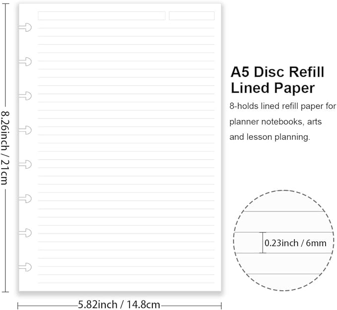 Junior Size Discbound Refill Paper - 8 Discs Discbound Paper, Lined Arc Paper Refill, 100gsm, Disc Paper Refill White Paper, 100 Sheets/200 Pages, 5.8 X 8.25 in