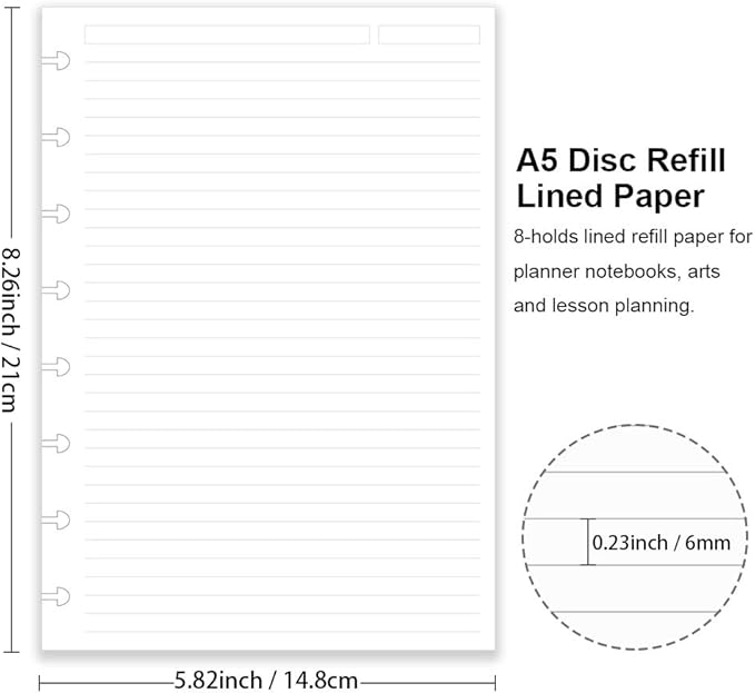 Junior Size Discbound Refill Paper - 8 Discs Discbound Paper, Lined Arc Paper Refill, 100gsm, Disc Paper Refill White Paper, 300 Sheets/600 Pages, 5.8 X 8.25 in