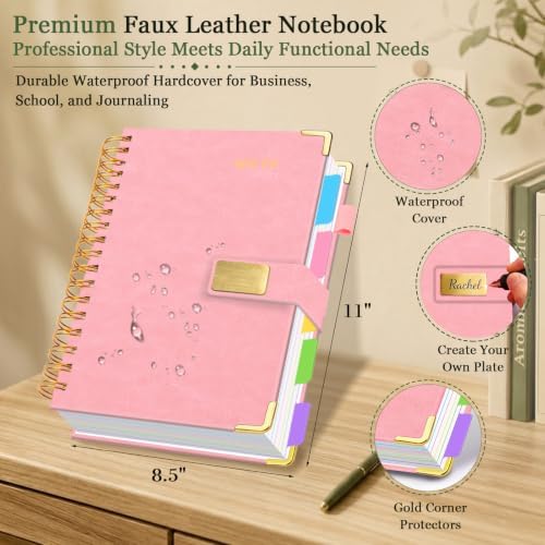 Hardcover Spiral Notebook 8.5''x 11'' College Ruled Notebook with Magnetic Closure, 300 Pages 5 Subject Notebooks with Pocket Dividers for Work School, A4 Leather Journal for Women, Men (Pink)