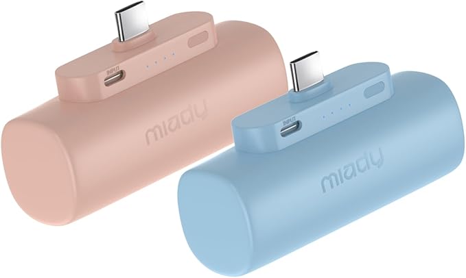 Miady 2-Pack 5000mAh Mini Portable Charger with Built-in Type C Connector, USB-C Output Charging Small Power Bank, Ultra-Compact Battery Pack Compatible with iPhone 17/16 (Cream Blue+Champagne Pink)