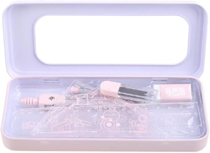 7Pcs Pink Geometry Math Drawing Set with Compass, Protractor, Rulers, Drafting Tools in Portable Box for Students