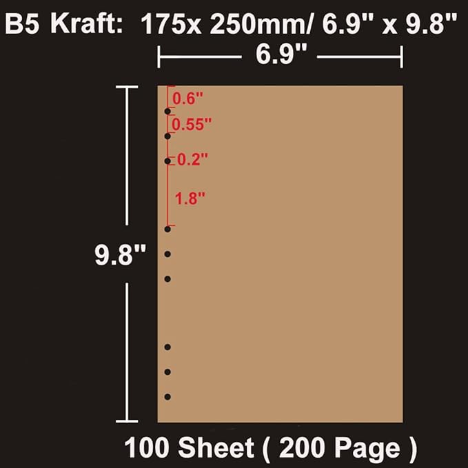 B5 Kraft Refill Paper 9 Hole Punched Filler Paper Refills for B5 Loose Leaf Notebook Travel Journal Personal Diary Planner Binder Scrapbook, 80 Sheet, 160 Page, 6.9 Inches x 9.8 Inches