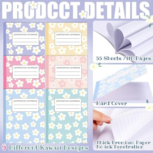 Harloon 6 Pack Composition Notebooks Wide Ruled Bulk Cute Pink Composition Notebook 110 Page 7-1/2" x 9-3/4" Colorful Flower Journal Back to School Gift for Teacher Student Office First Day of School