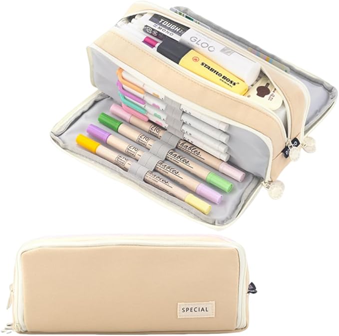 iSuperb 3 Compartments Pencil Case Pouch Big Capacity Pencil Organizer Canvas Holder Oxford Stationery Storage Kids Teen Girls Boys Student School Supplies Cosmetic Makeup Bag