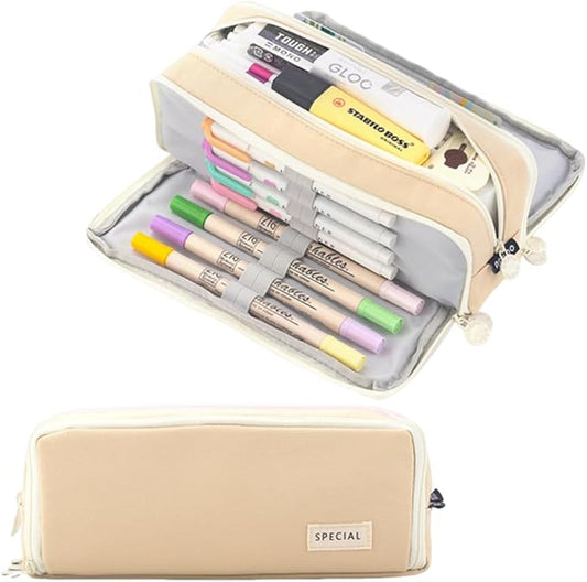 iSuperb 3 Compartments Pencil Case Pouch Big Capacity Pencil Organizer Canvas Holder Oxford Stationery Storage Kids Teen Girls Boys Student School Supplies Cosmetic Makeup Bag