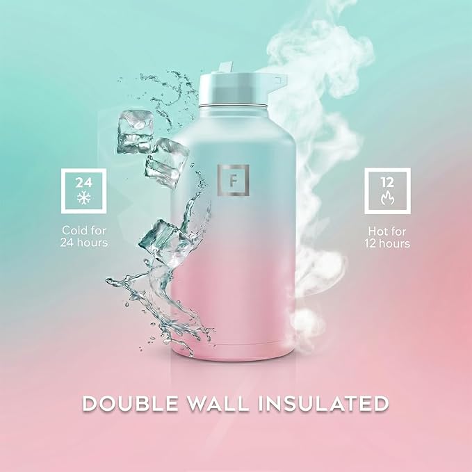IRON °FLASK 64 oz Wide Mouth Water Bottle with Straw | Insulated Half Gallon Water Bottle with Leakproof Straw Lid - BPA Free, Cold 24 Hrs, Sweat Free (Bubble Gum)
