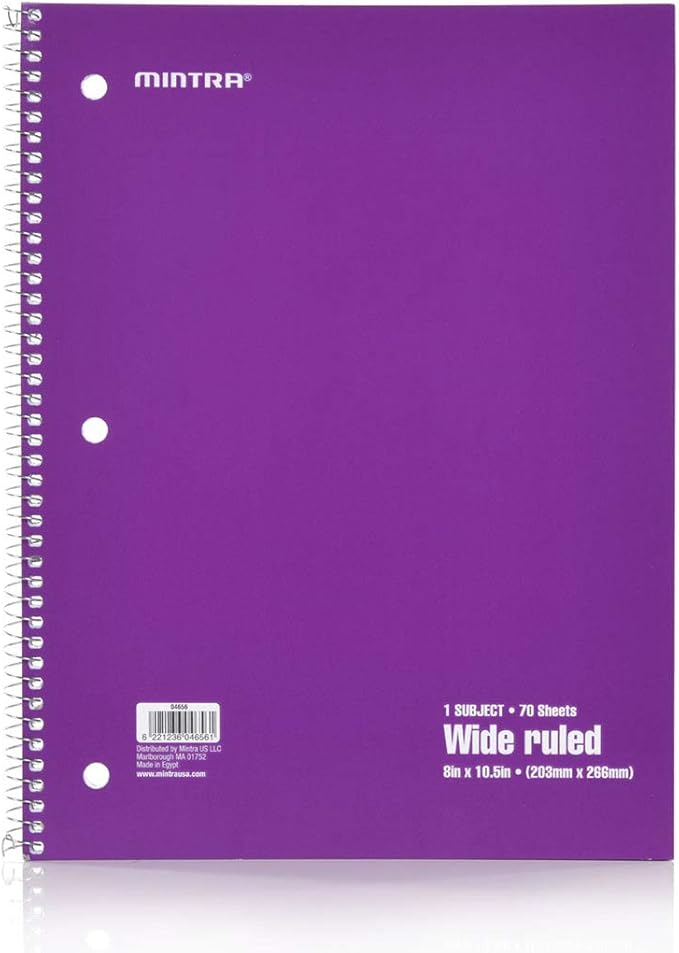 Mintra Office Spiral Notebooks Set - Primary Colors, Wide Ruled, Journals for School, Work, Business, Aesthetic Stationery, Writing Pads, Teacher & Student Supplies, 70 Sheets Each, 6-Pack