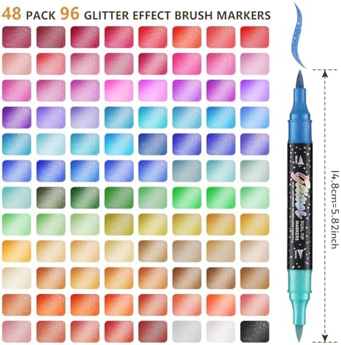 96 Colors 48 Pack Glitter Markers Pens Sparkle Markers Dual Brush Tip