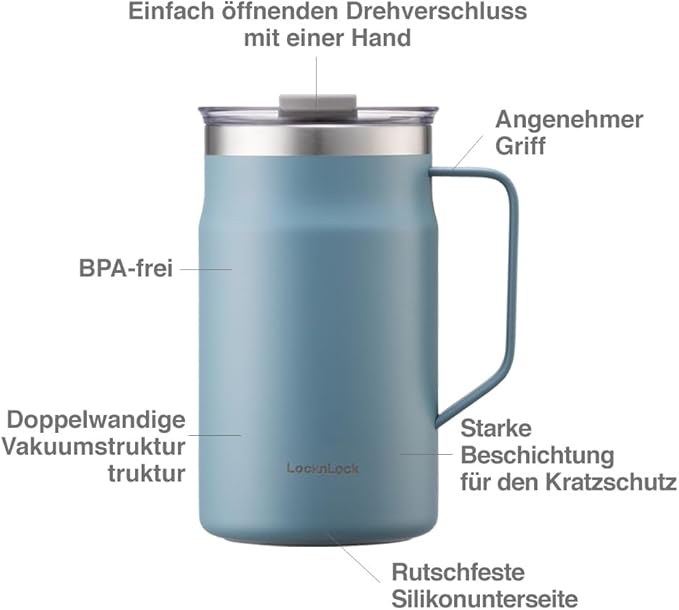 LocknLock Metro Mug, Premium 18/8 Stainless Steel Metal, Double Wall Insulated, Portable Coffee Cup with Lid and Handle for Hot and Cold Drinks, Blue, 20 oz