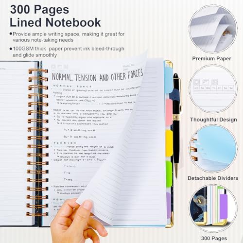 Spiral Journal Notebooks for Work, 300 Pages 5 Subject Notebook College Ruled with Dividers & Tabs, A5 Notebook Journal for Women Students Note-Taking and Organizer (Navy Marble)
