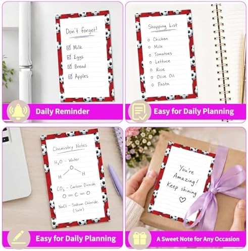 Lined Sticky Notes 4x6 in, 2 Pack Large Cute Notepads with Lines Self-Stick Note Pad, Funny Memo Pads Strong Adhesive for Office, Home Red Cute Soccer
