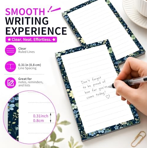 Lined Sticky Notes 4x6 in, 2 Pack Large Cute Notepads with Lines Self-Stick Note Pad, Funny Memo Pads Strong Adhesive for Office, Home Colorful Boho Flowers