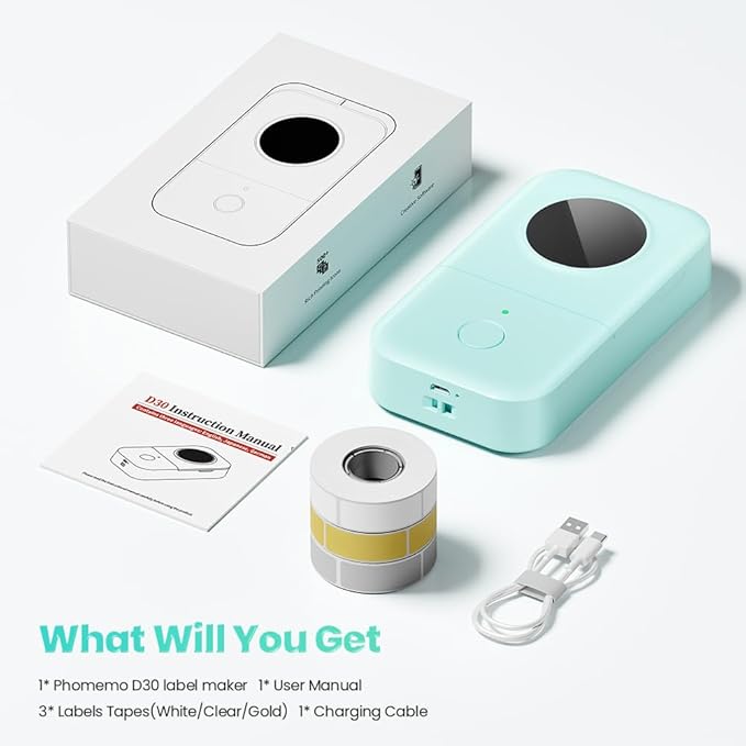 Phomemo Label Maker Machine with Tapes - White/Clear/Gold Labels, D30 Portable Handheld Bluetooth Mini Label Makers, Multiple Templates Fonts Icon, Thermal Small Label Printer Rechargeable for Home