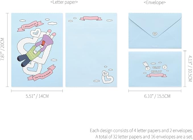 Monolike Olly Molly Letter Paper and Envelopes Set - 8Type, 32 Letter Paper + 16 Envelopes