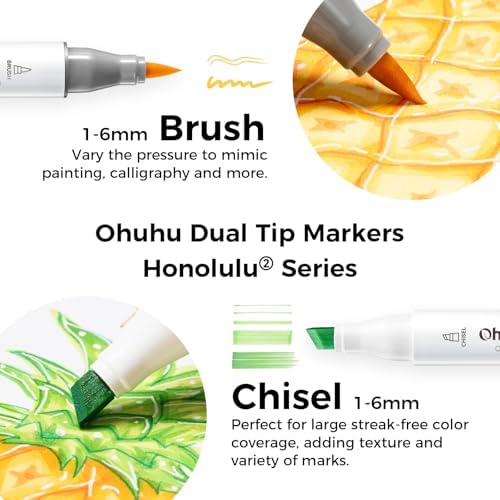 Ohuhu Alcohol Markers Brush& Chisel 24 Colors for Adult Coloring Refillable
