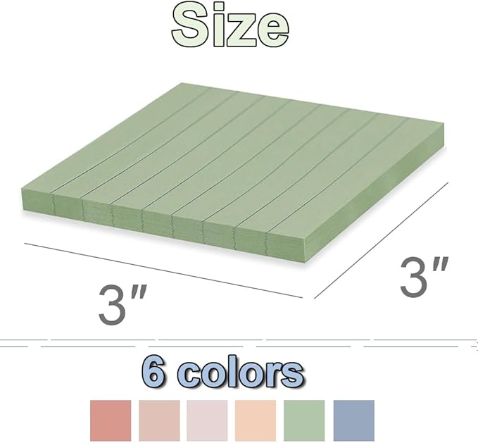 (12 Pack) Lined Sticky Notes 3x3 in,Notepads with Lines,Ruled Stickies Super Sticking Power,Office School Memo Note Pads Vintage Colors,Post on Windows Doors,Recyclable,Easy to Write on
