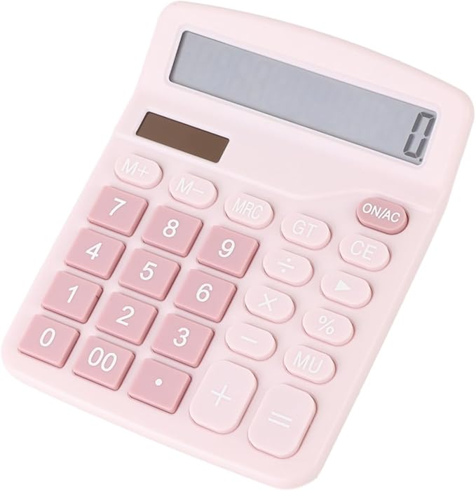 Fdit Solar Calculator, 12 Digit Portable Desktop Calculator with Solar Power and Light Textured Keys, for Students Teachers and Office Workers (Pink)