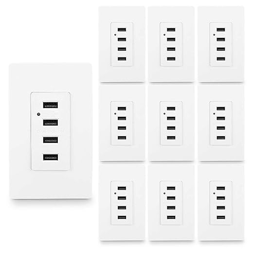 LEOD 4.2A Output High Speed 4 USB Port Charger Wall Outlet with 2 Types Wall Plates(Standard and screwless Included), USB Charger Receptacle, White,UL Listed[10 Pack]