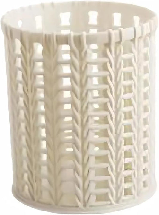 Hand-woven Style Pen Holder for Desk Cute Office Supplies Cubicle Decor Kawaii Workspace Accessories Boho Makeup Organizer for Women Girls Pencil Cup Aesthetic Caddy for Home Office (White)
