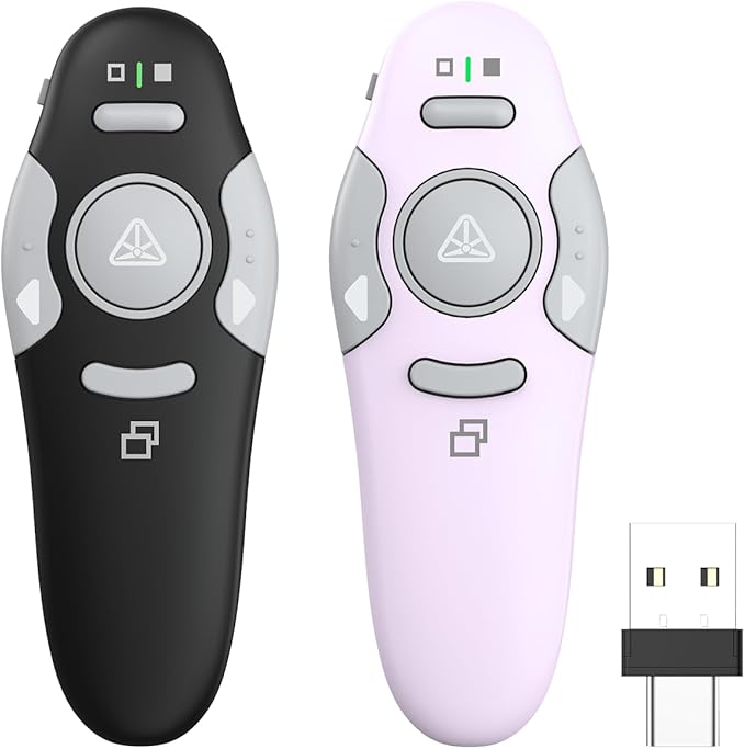 QUI 2 Pack Presentation Clicker, Wireless Presenter Remote Clicker for PowerPoint, Slide Advancer for Mac, Windows, Google Slide, Keynote (USB Type-c, Black Purple)