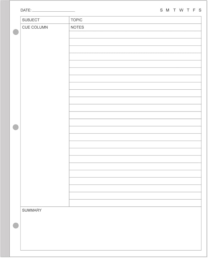 A4 Cornell Notes Filler Paper - 3 Hole Cornell Notes Loose Leaf Paper, 50Sheets / 100Pages, 100gsm, White, 8.5'' x 11''