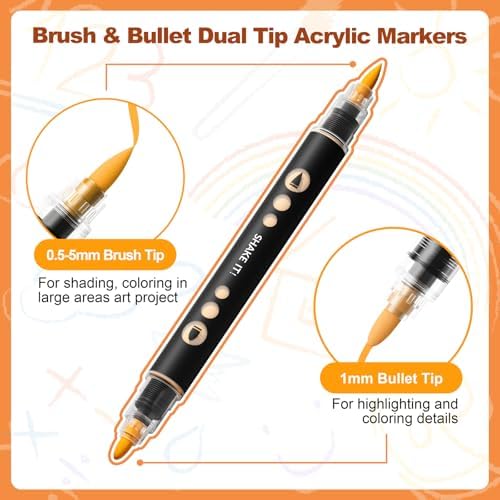 SUNEE 30 Colors Acrylic Paint Markers, Dual Tip Bullet & Brush Paint Pens with Automatic Ink Control System, Art Supplies for Adults & Teens, for Rock, Wood, Canvas, Glass Creative Projects