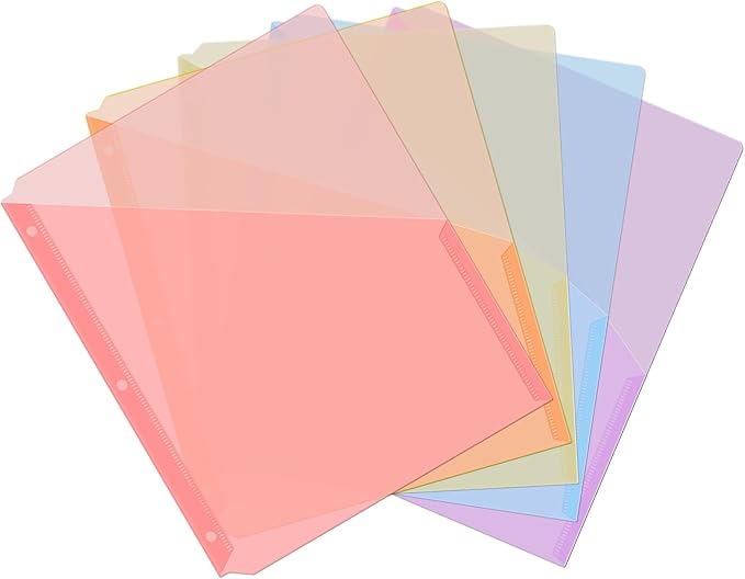 Maitys 5 Pack Binder Pockets 3 Hole Punch Clear Plastic Document Folders Binder Organizer Store Letter Size 8.5 x 11 Inch Paper Folders with Pockets Slash File Jacket for Office(Pastel Colors)