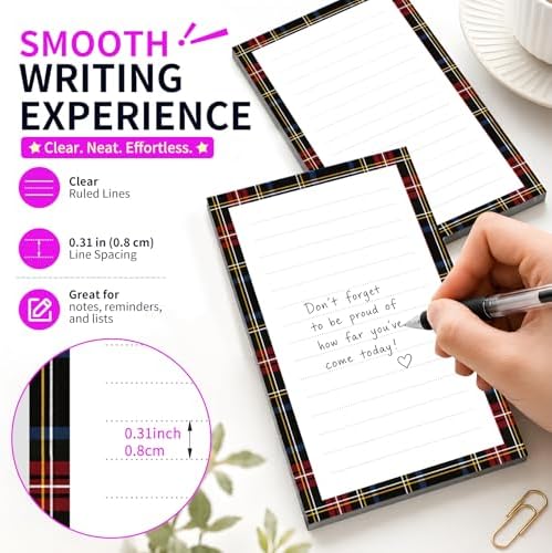 Lined Sticky Notes 4x6 in, 2 Pack Large Cute Notepads with Lines Self-Stick Note Pad, Funny Memo Pads Strong Adhesive for Office, Home Luxury Plaid